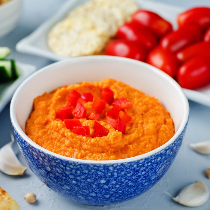 Red Bell pepper hummus with vegetables.