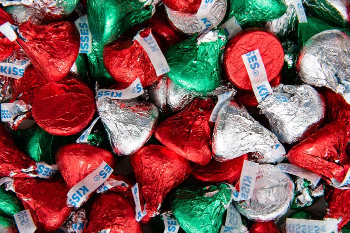 Speculator, NY USA - November 25, 2018: a pile of red green and silver Hershey's kisses, a holiday favorite milk chocolate candy.; Shutterstock ID 1251303310; Job (TFH, TOH, RD, BNB, CWM, CM): Taste of Home