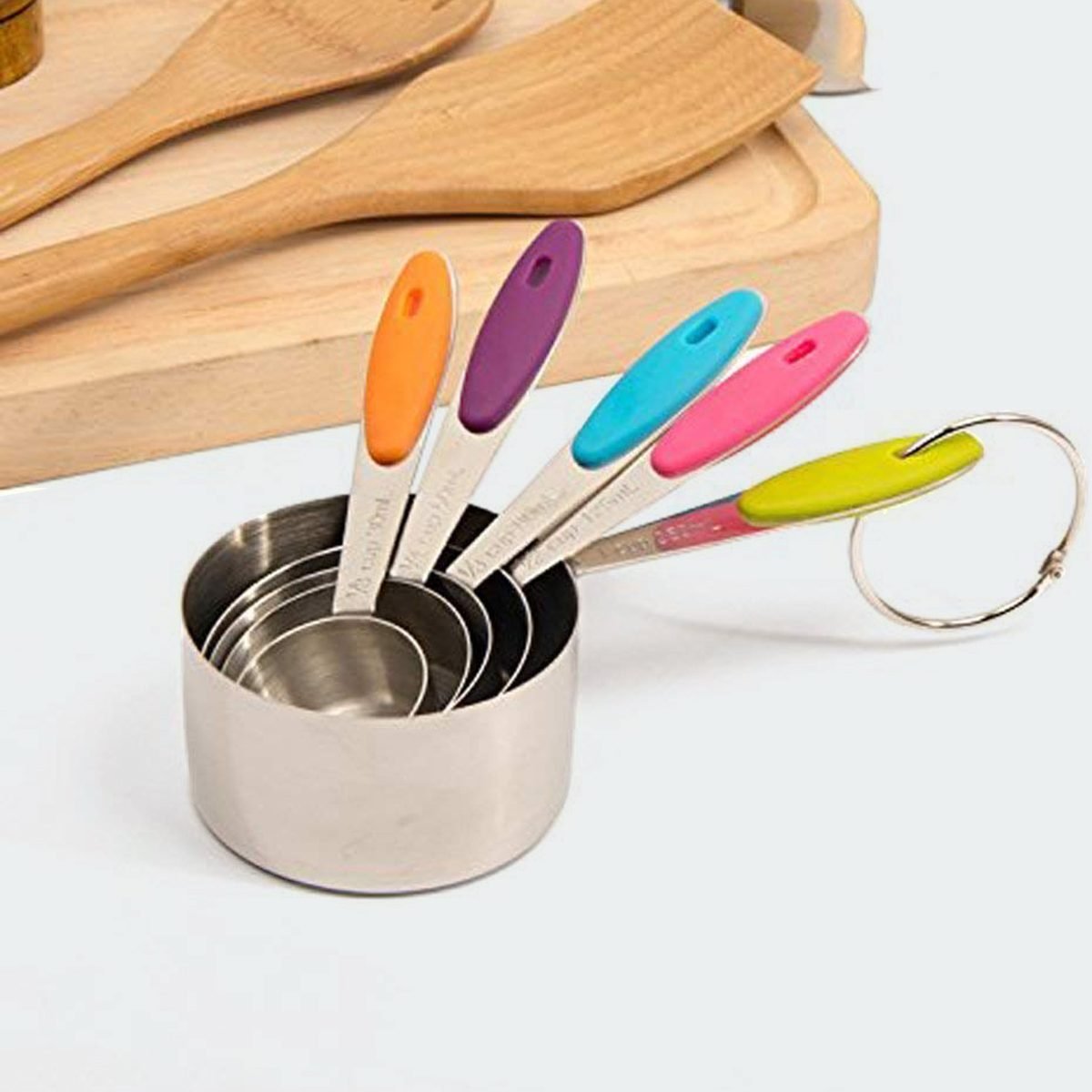  Stainless Steel Measuring Cups and Spoons Set - Metal Cup and Spoon  Set to Measure Dry Food - Silicone Handles - Great for Cooking and Baking  in the Kitchen - 10