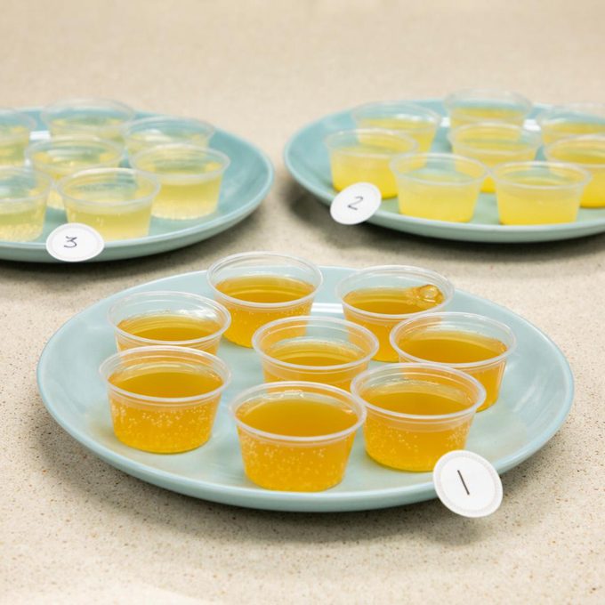 several small cups on kombucha on three blue plates