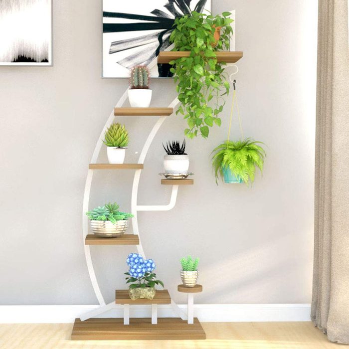 YS Tall Plant Stands Indoor with Creative Shape, Large Functional Iron Flower Stand for Displaying Plant/Books/Bonsai, Metal Display Shelf for Dining Room, Living Room, Office, Dorm Room (Bow, White)