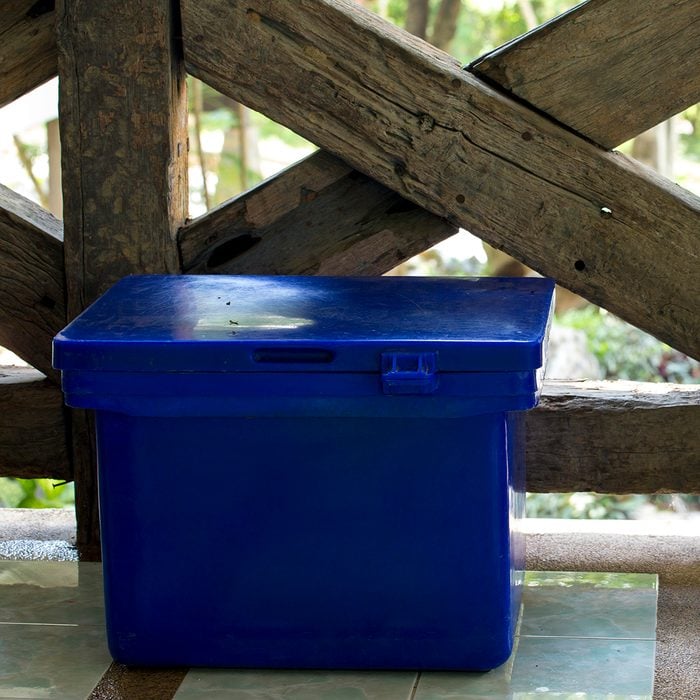 Blue plastic ice containment box.