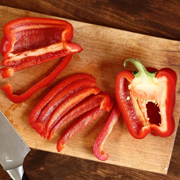 Cutting Bell Pepper. Series - making tortilla with chicken and bell pepper.