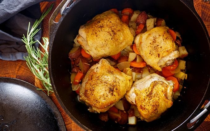 Cooked dutch oven chicken thighs after baking