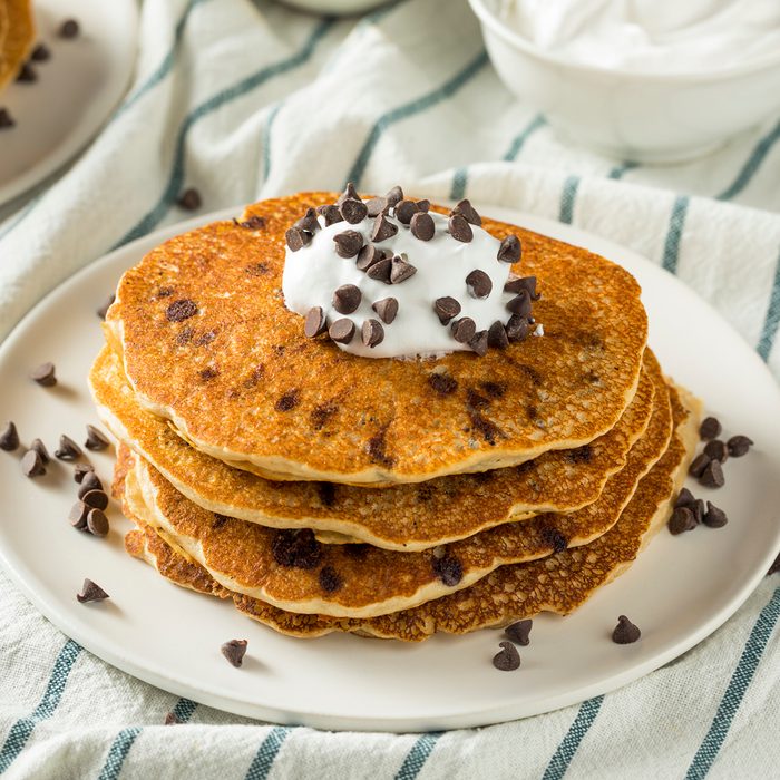 Homemade Chocolate Chip Pancakes with Whipped Cream