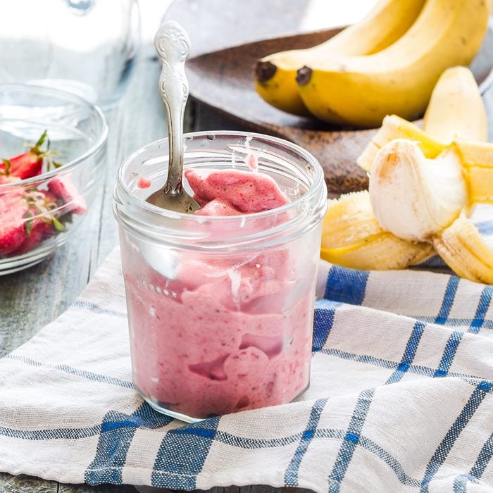 strawberry-banana ice cream in a glass, healthy dessert, summer