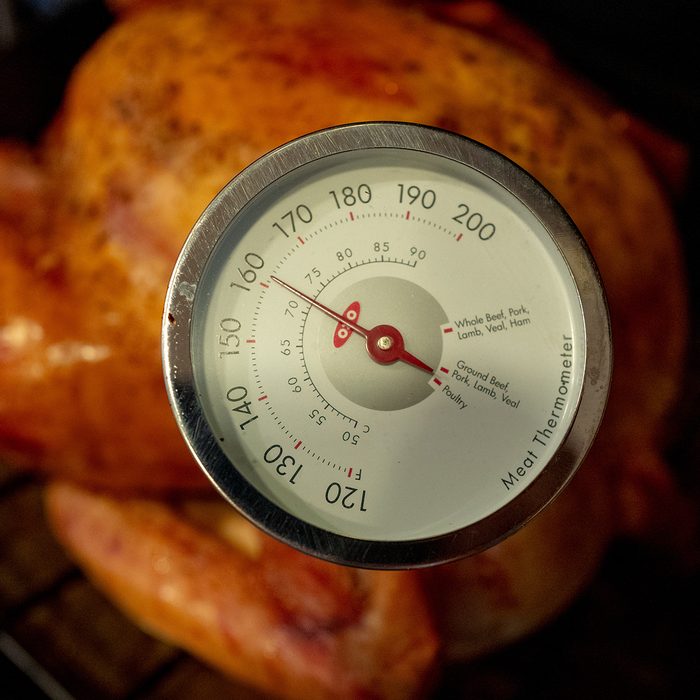 Close-up of meat thermometer in cooked turkey, showing safe internal temperature for poultry, during the preparation of a traditional American Thanksgiving holiday meal, San Ramon, California, November 23, 2019. (Photo by Smith Collection/Gado/Getty Images)