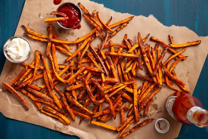 Air Fryer Sweet Potato Fries served with ketchup and mayonnaise