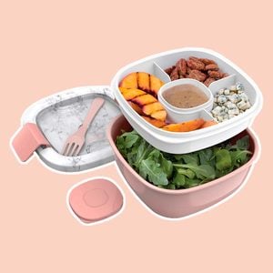 Bentgo Salad BPA-Free Lunch Container with Large 54-oz Bowl, 3-Compartment Bento-Style Tray for Salad Toppings and Snacks, 3-oz Sauce Container for Dressings, and Built-In Reusable Fork (Blush Marble)