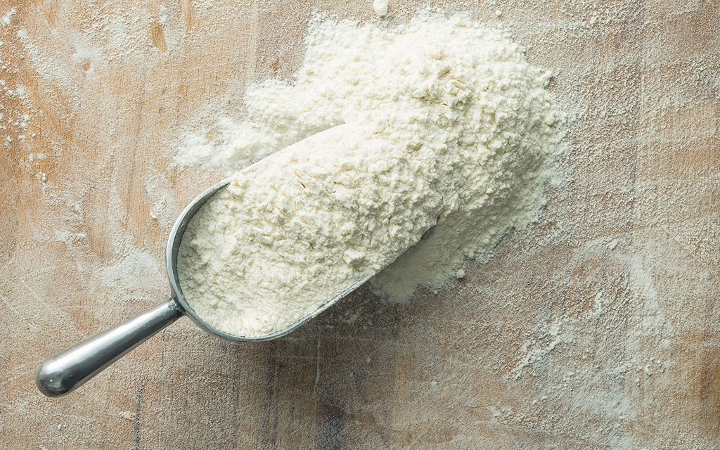 The wheat flour in metal scoop.