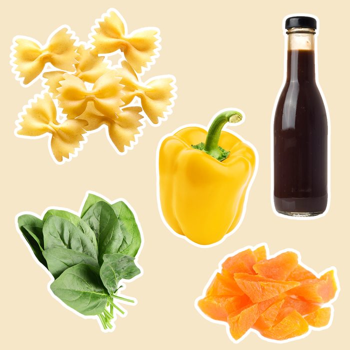 farfalle pasta, balsamic vinaigrette, fresh baby spinach, yellow peppers and chopped dried apricots