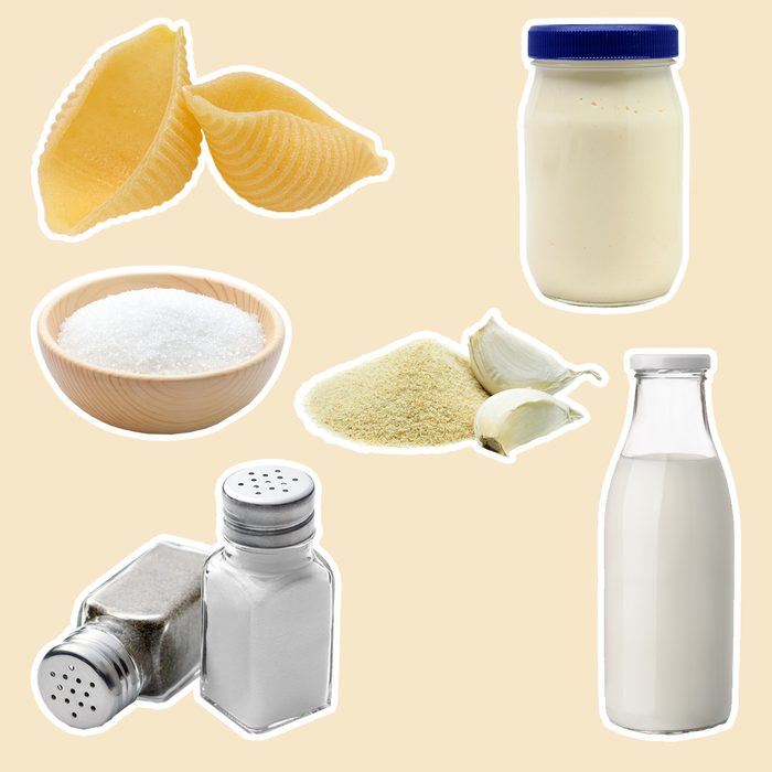 1 cup of mayonnaise with about 3 tablespoons of milk or water, 2 tablespoons of red wine vinegar, 1 tablespoon of sugar, ¼ teaspoon of garlic powder and a dash of salt and pepper