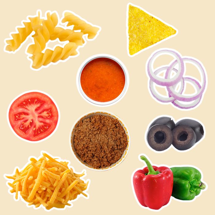 rotini, Catalina salad dressing, diced tomatoes, bell peppers and red onion taco-seasoned ground beef, shredded cheddar, sliced black olive and crushed tortilla chips