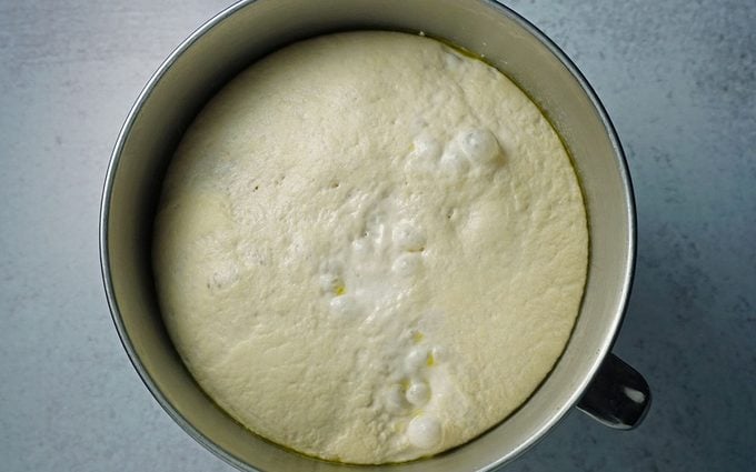 Bialy dough in a bowl after the first rise