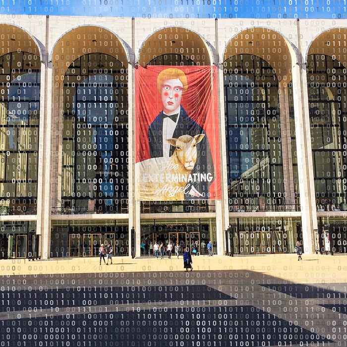 Exterior view of the Metropolitan Opera House from Lincoln Center Plaza, New York, New York, October 22, 2017. A large banner advertises the premiere of 'The Exterminating Angel' (by Thomas Ades). (Photo by Linda Vartoogian/Getty Images)