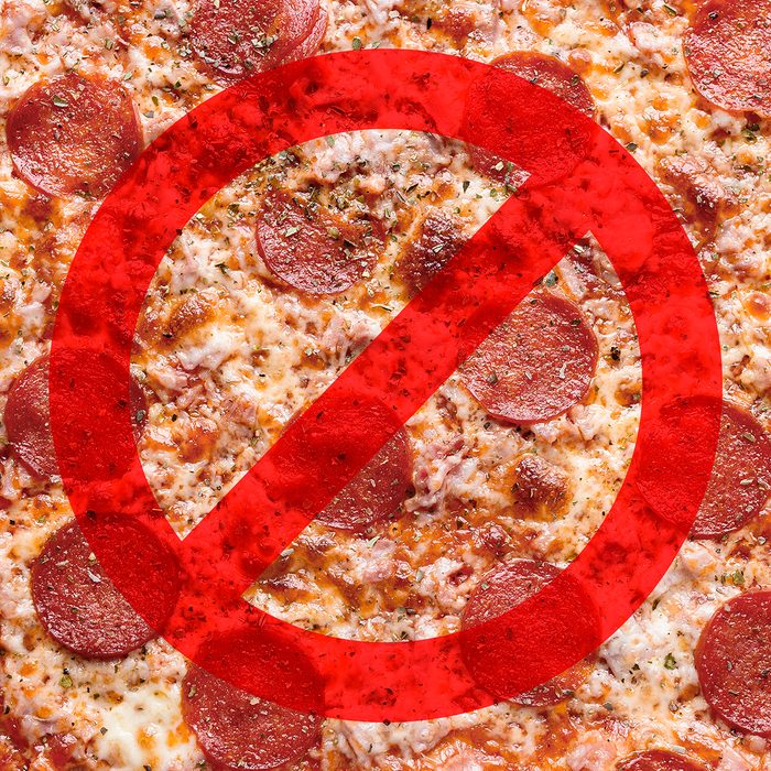 Pizza close-up with a no symbol