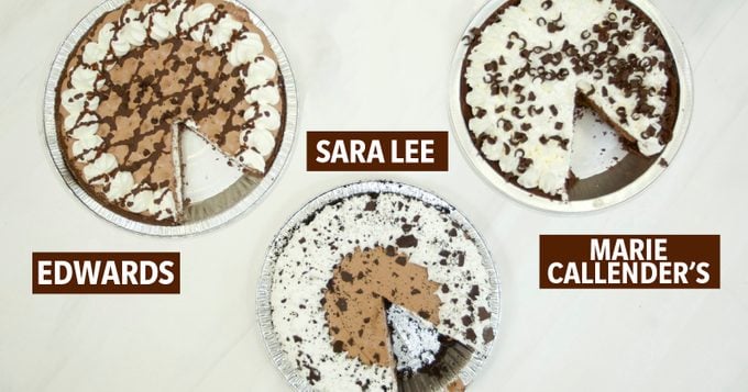 three brands of frozen pies labeled; chocolate pie taste test