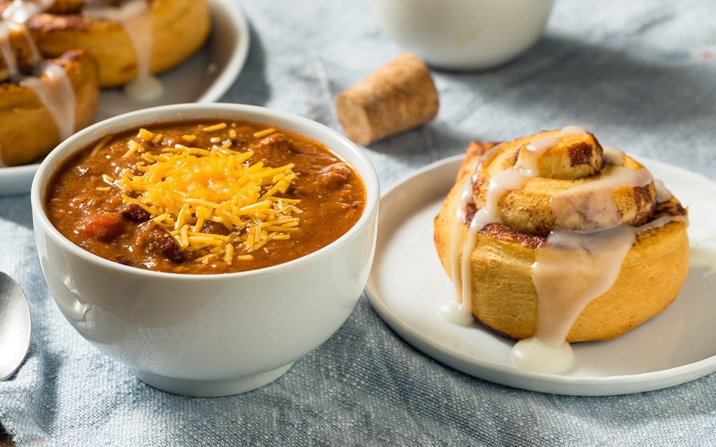 Homemade Chili Soup and Cinnamon Roll for Lunch