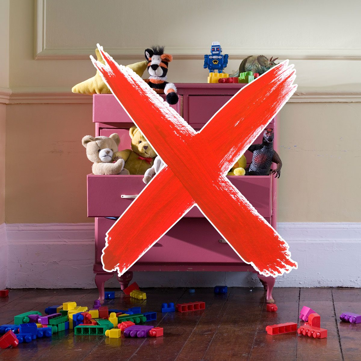 Dresser filled with toys and a red "x" over it
