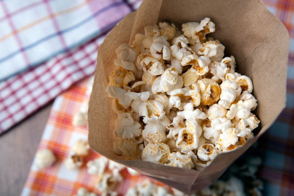 A fresh batch of homemade paper bag popcorn.