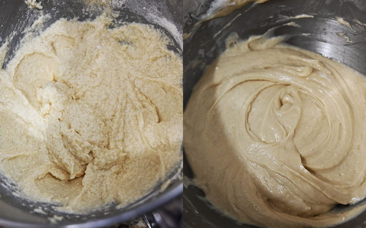 Side-by-side of curdled and smooth cake batter