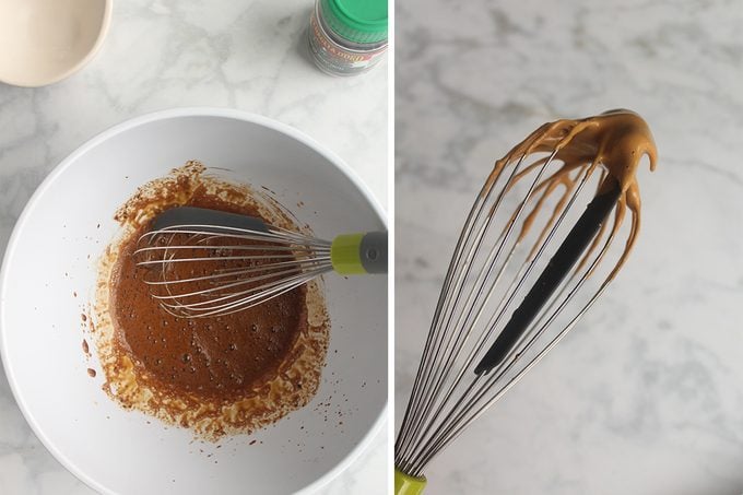 two photos of whisking instant coffee