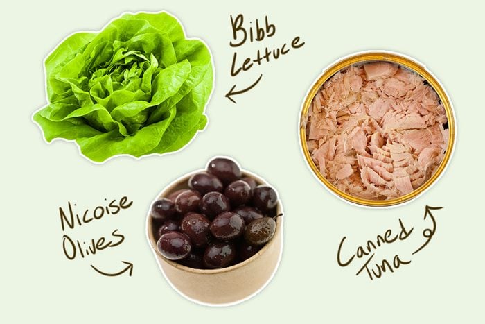 canned tuna, bibb lettuce, nicoise olives- nicoise salad