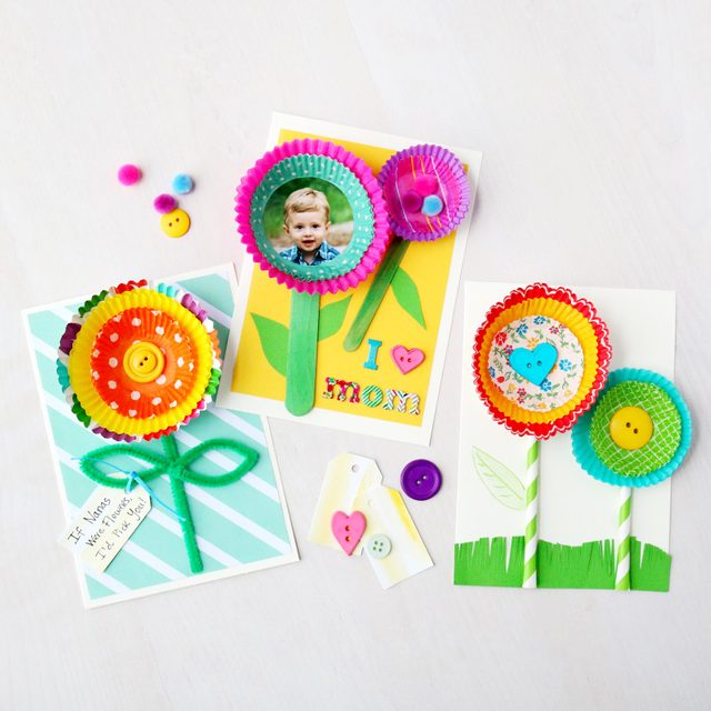 three handmade mothers day cards with paper flowers and kid photographs