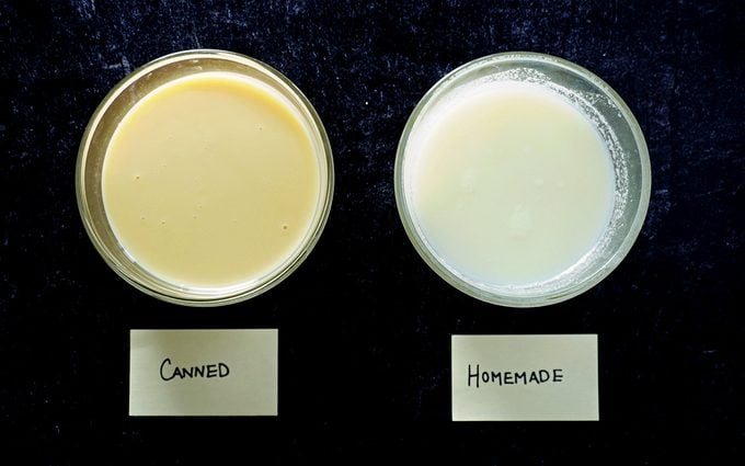 comparison photo of homemade and canned condensed milk in glass bowls