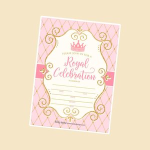 25 Vintage Princess Party Invitation, Faux Glitter Royal Queen Little Girl Birthday Invite