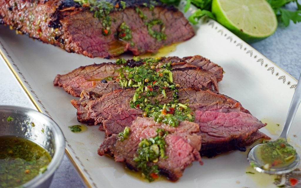 grilled and thinly sliced chimichurri marinated tri-tip steak