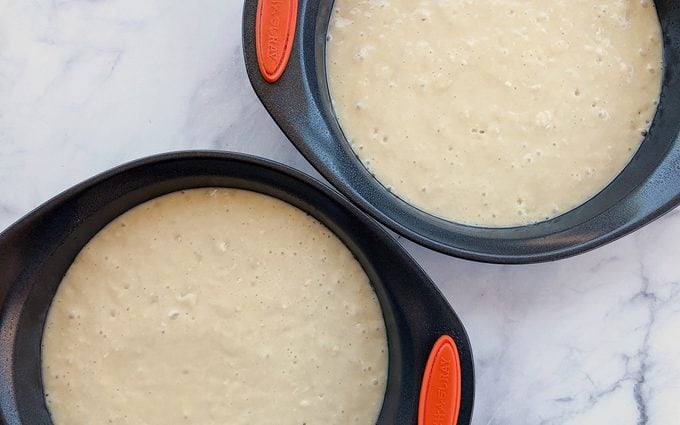 Vegan Birthday Cake Batter in Cake Pans