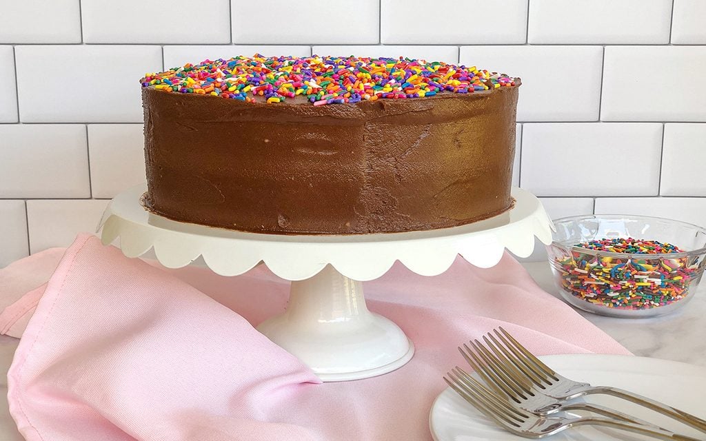 Vegan birthday cake with chocolate frosting and sprinkles