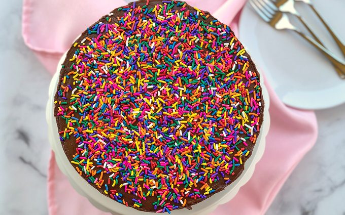 Vegan vanilla cake with chocolate frosting and sprinkles