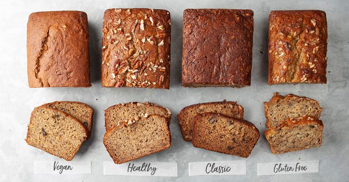 four banana breads in a row: vegan, healthy, classic and gluten free