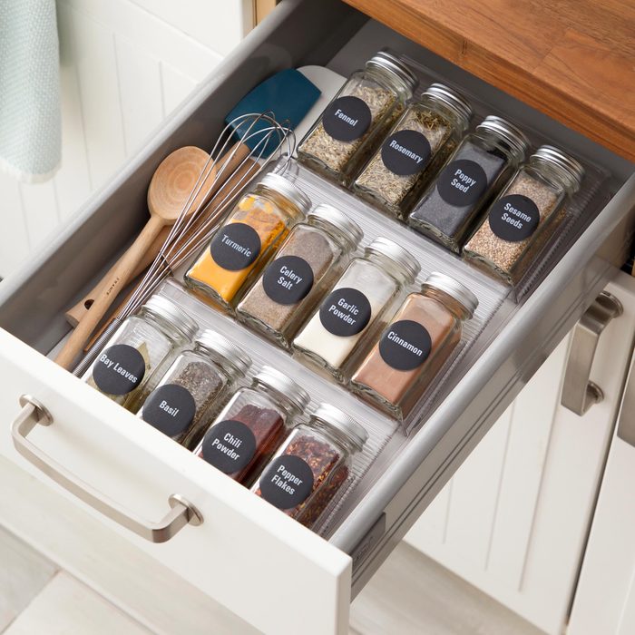 Spice Drawer Organizer shown in open kitchen drawer