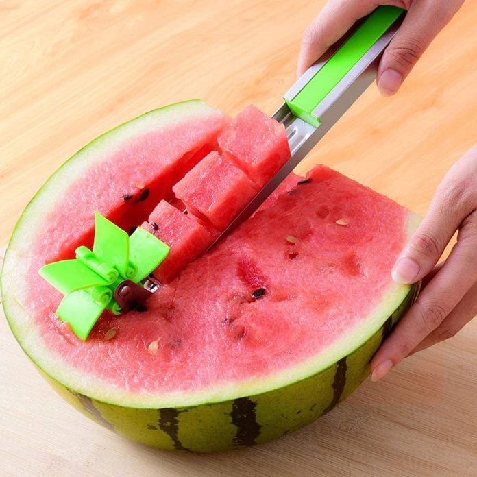 Watermelon slicer cutter Windmill Auto Stainless Steel Melon Cuber Knife Corer Fruit Vegetable Tools Kitchen Gadgets (Green) square