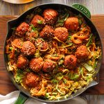 Plum Pork Spicy Meatballs with Bok Choy and Zucchini