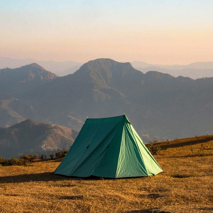 Camping above the hills in the the with the aerial view. Sirkot, Sworek, Syangja, Nepal. Amazing paragliding spot.