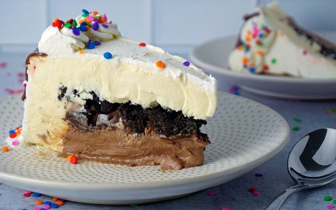 two slices of homemade ice cream cake profile view