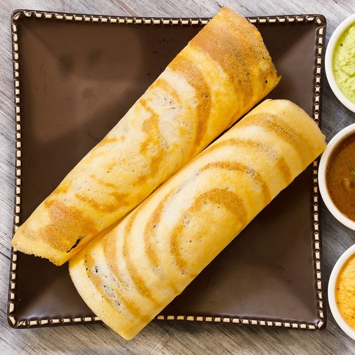 Masala Dosa with Sambar and chutney, south Indian breakfast