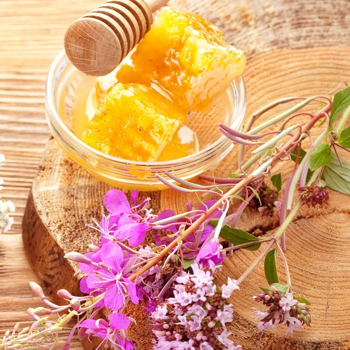 Herbal tea, honey comb and medicinal herbs