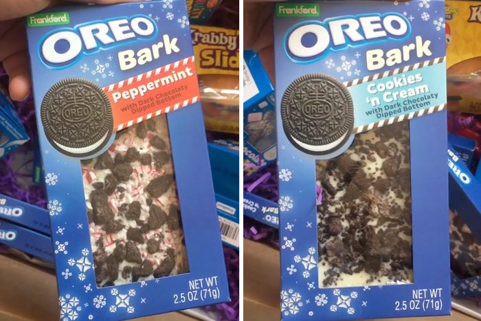Oreo holiday bark in peppermint and cookies and cream