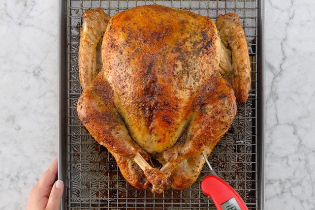 74640 Herb-Brined Turkey; 5 How-to Cook Turkey (temping/finished-looking roasted turkey)
