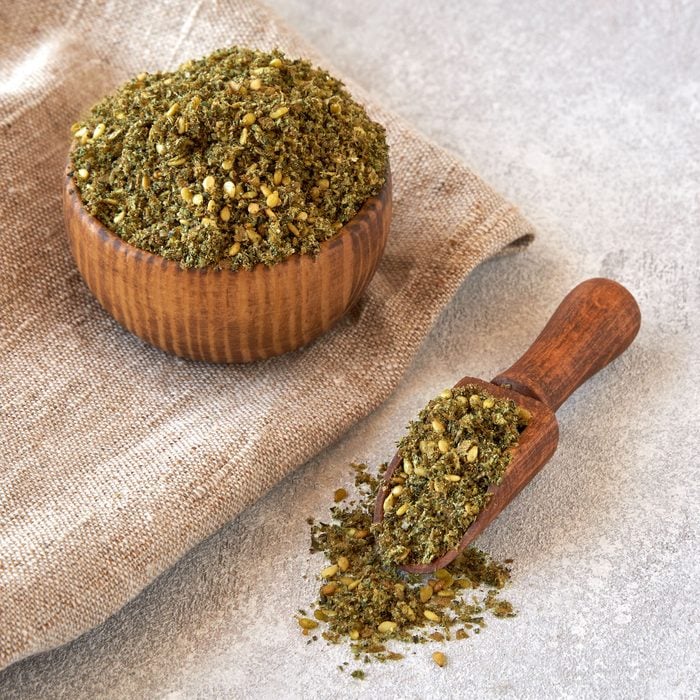 Mixed spice zaatar or zatar in wooden bowl