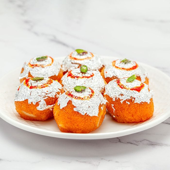 Motichoor Ladoo In White Ceramic Plate On Marble Surface