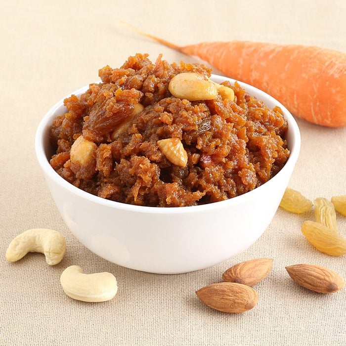 Carrot halwa, an Indian traditional and popular sweet dish, which is typically made on the day of festivals like Diwali.