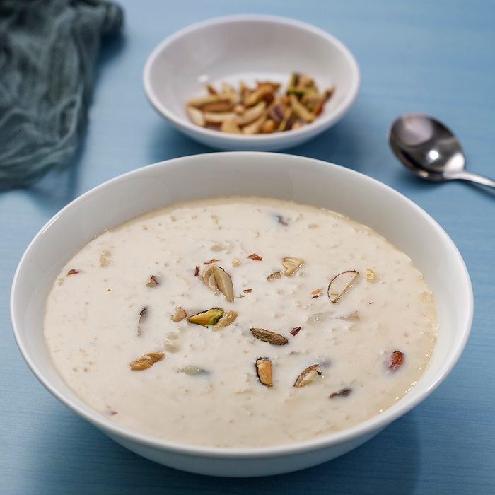Kheer or Payasam is a type of pudding from the Indian subcontinent, made by boiling milk and sugar and is flavoured with desiccated coconut, cardamom, raisins, saffron, cashews, pistachios, almonds or other dry fruits and nuts.