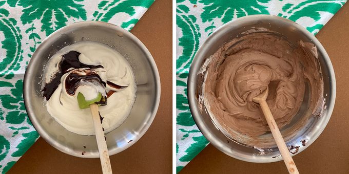 Scrape the chocolate and egg mixture into the whipped cream, gently folding it until combined and no streaks of cream or chocolate remain.
