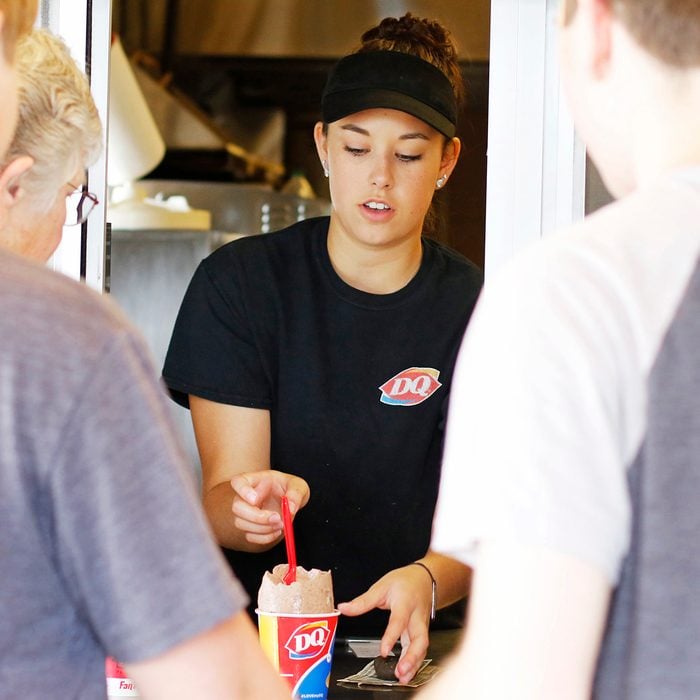 KITTERY, ME - JUNE 23: Neva Carroll, 18, of Eliot serves ice cream at Dairy Queen for the summer. On the Job. (Photo by Jill Brady/Portland Portland Press Herald via Getty Images)